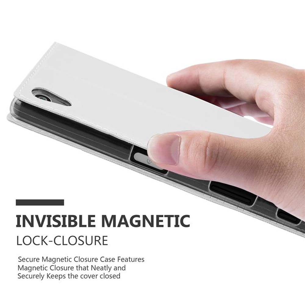 Telefono bianco con chiusura magnetica invisibile. Testo: Chiusura magnetica invisibile.