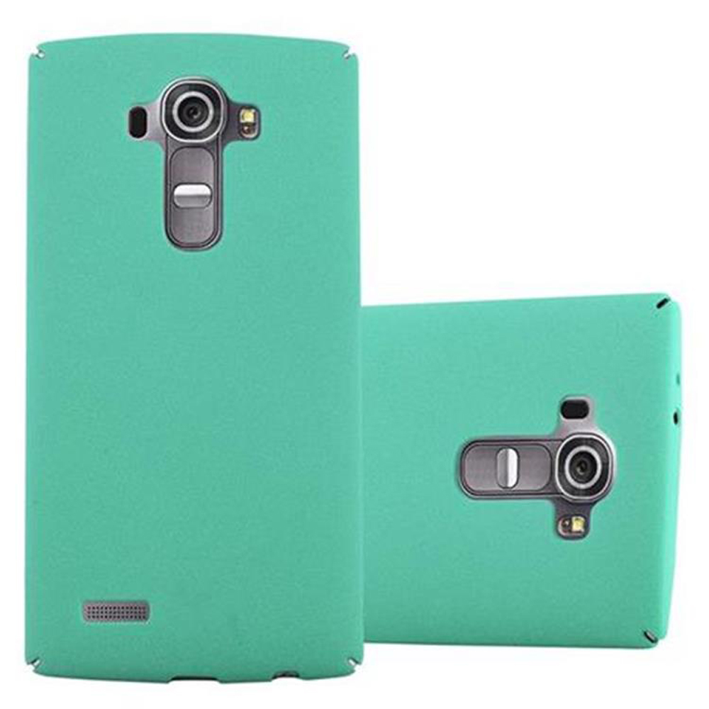 Dos fundas de teléfono, verde menta, una plana, la otra muestra la parte trasera del teléfono. Ambos tienen recortes.