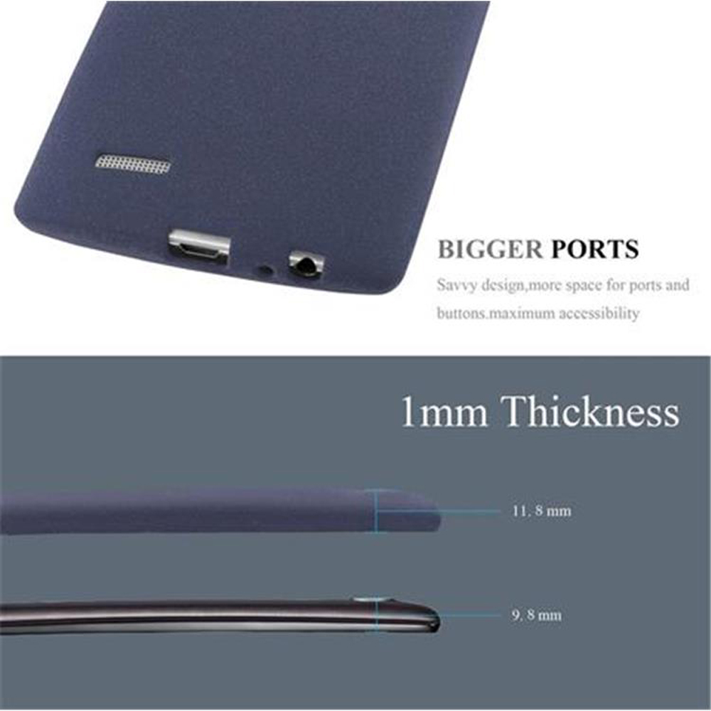 Una funda de teléfono azul oscuro con texto sobre puertos y grosor. La funda tiene un acabado mate.