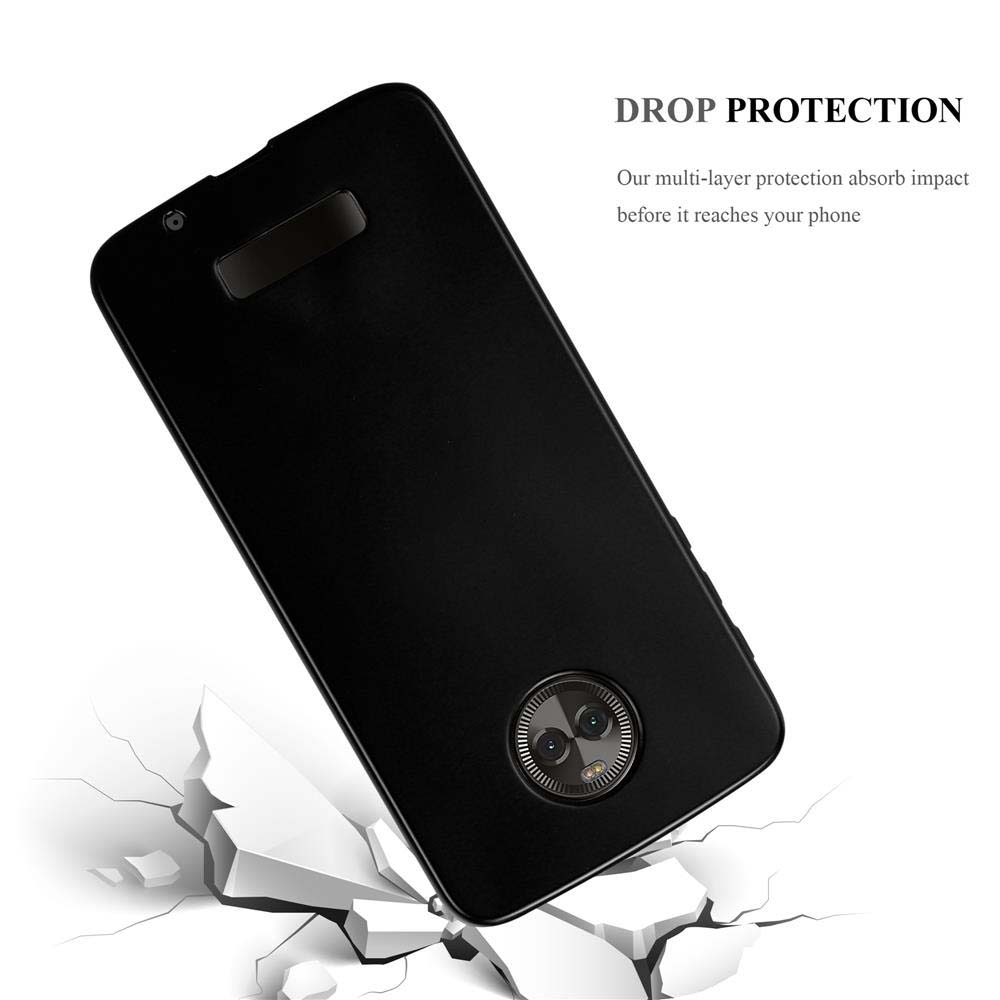 Eine schwarze Handyhülle mit einem Telefon, mit dem Text 'DROP PROTECTION' und Rissen darunter.