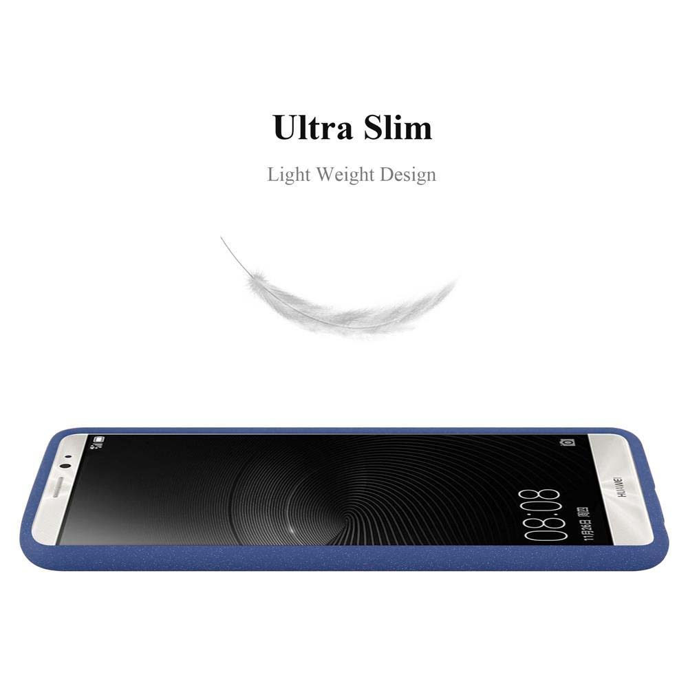 Un telefono in una custodia blu. Lo schermo mostra le 8:08. Una piuma fluttua sopra il telefono.