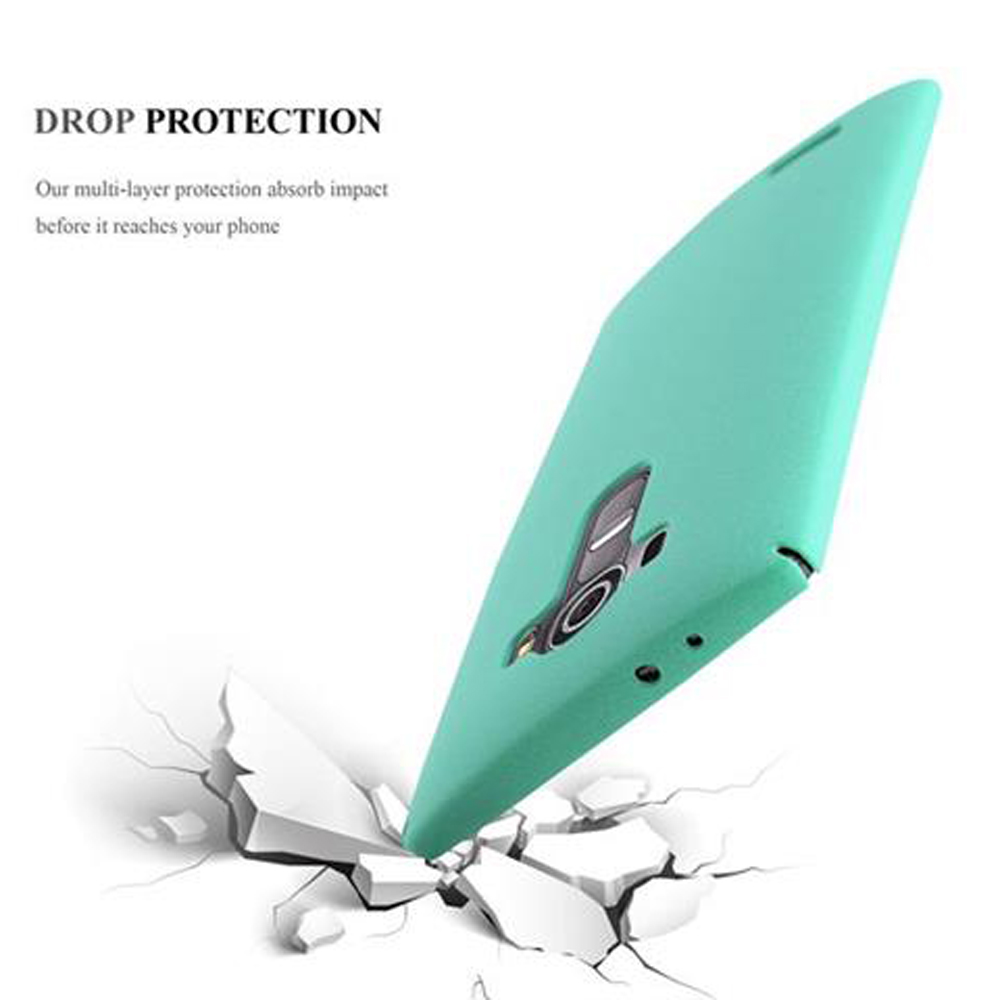 Una funda de teléfono verde está en ángulo con grietas debajo. El texto dice 'Drop Protection' con una descripción.
