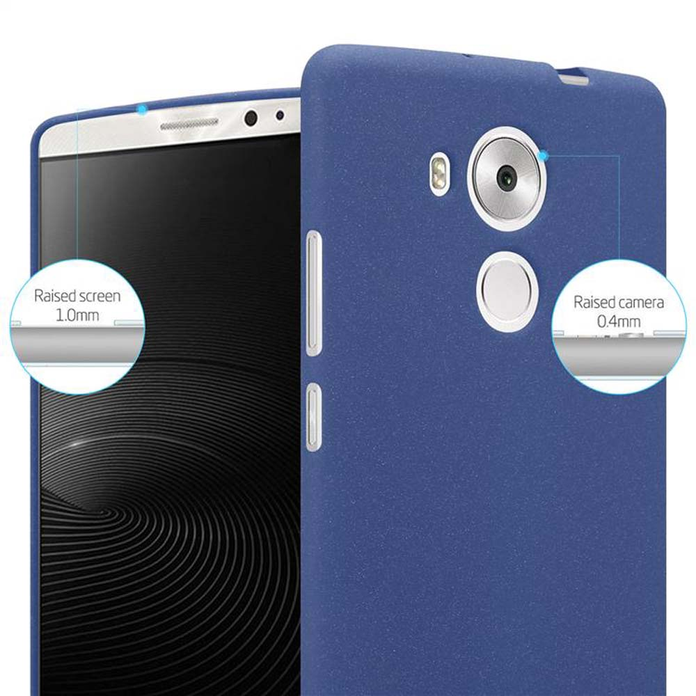 Custodia blu per telefono con telefono. Primo piano mostra schermo e fotocamera rialzati. Testo con misure.