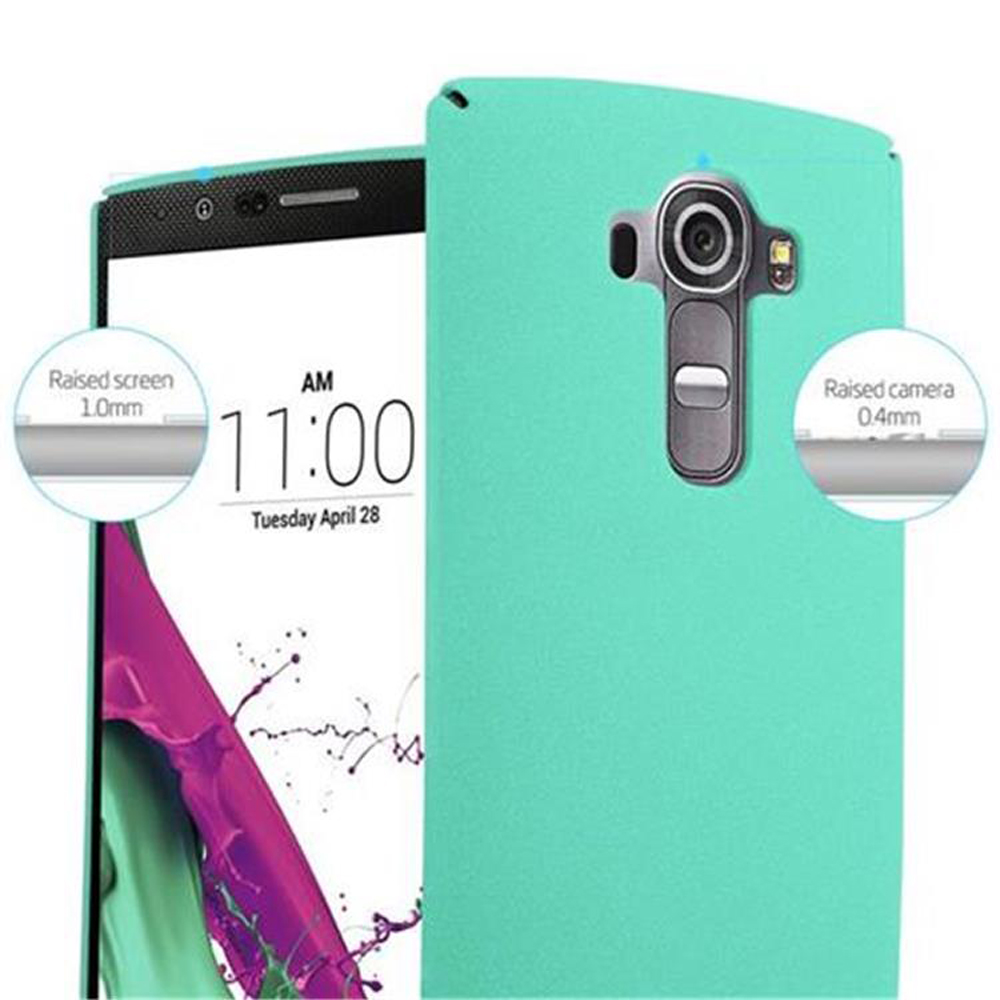 Funda de teléfono turquesa con hora. Detalles de pantalla y cámara elevadas. Fondo blanco.