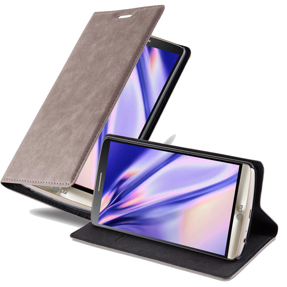Funda color canela abierta con teléfono. La pantalla del teléfono es visible.