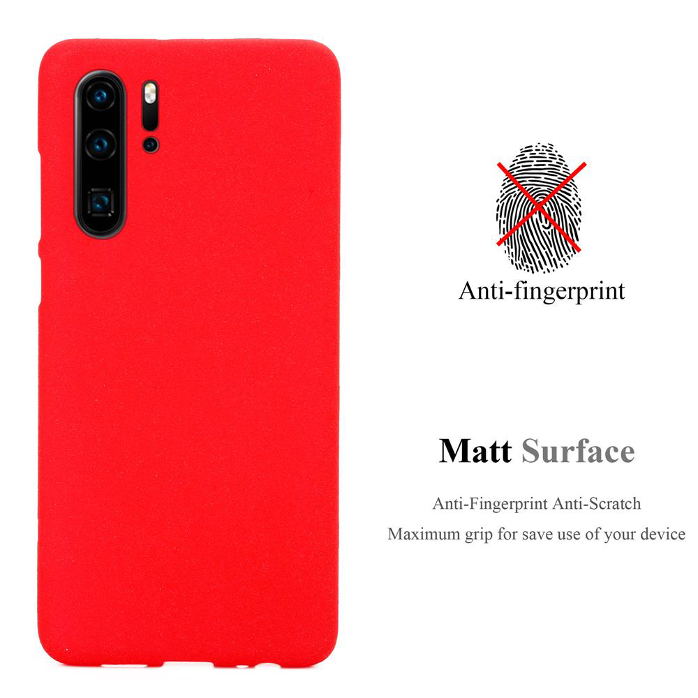 Custodia rossa per telefono. Il retro della custodia con impronta digitale e testo sulla superficie.