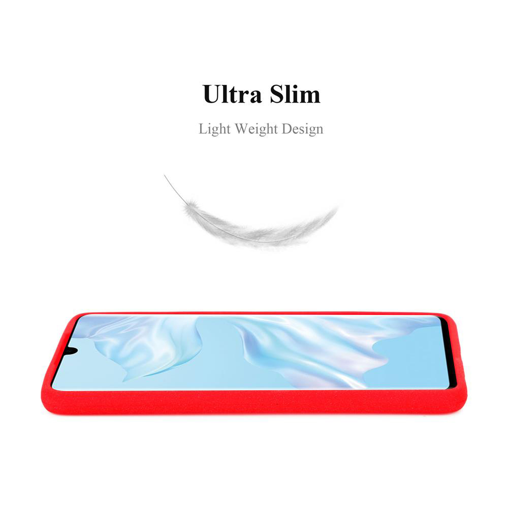 Custodia rossa per telefono con piuma, promuove design ultrasottile e leggero.
