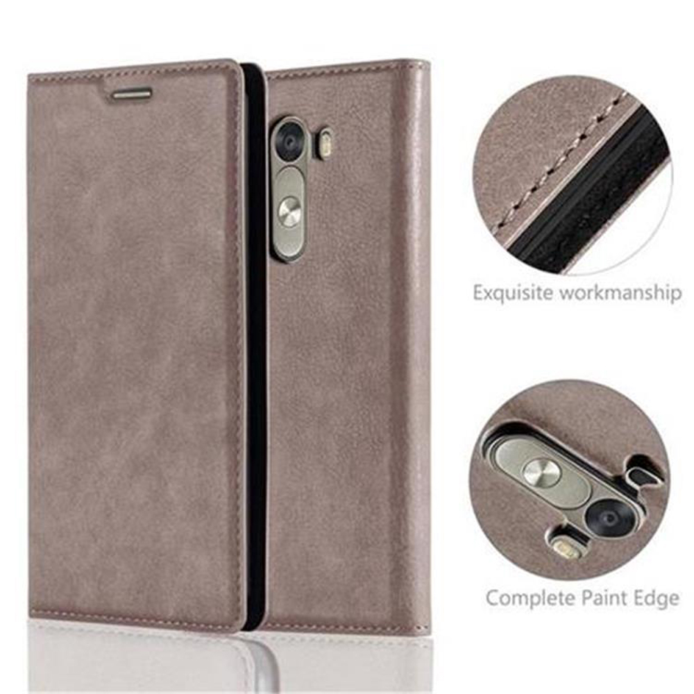 Funda de teléfono abierta, con teléfono dentro. Dos círculos ampliados muestran detalles. Beige.