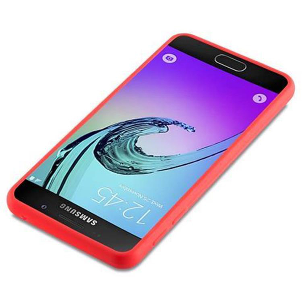 Custodia rossa su un telefono con schermo colorato, che mostra l'ora. La custodia copre completamente i bordi.