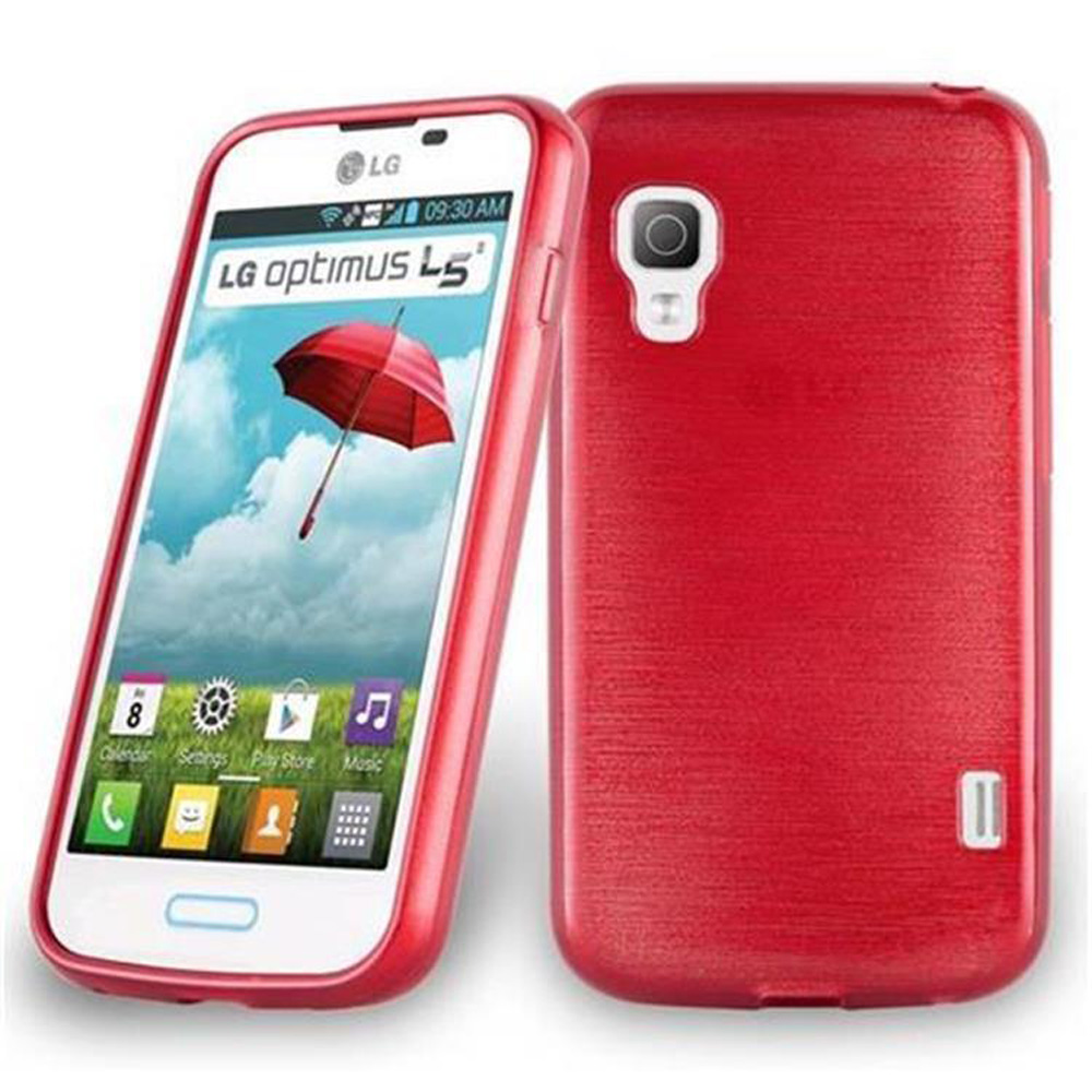 Funda roja para teléfono con teléfono. El teléfono es rojo con pantalla blanca. La pantalla muestra un menú.