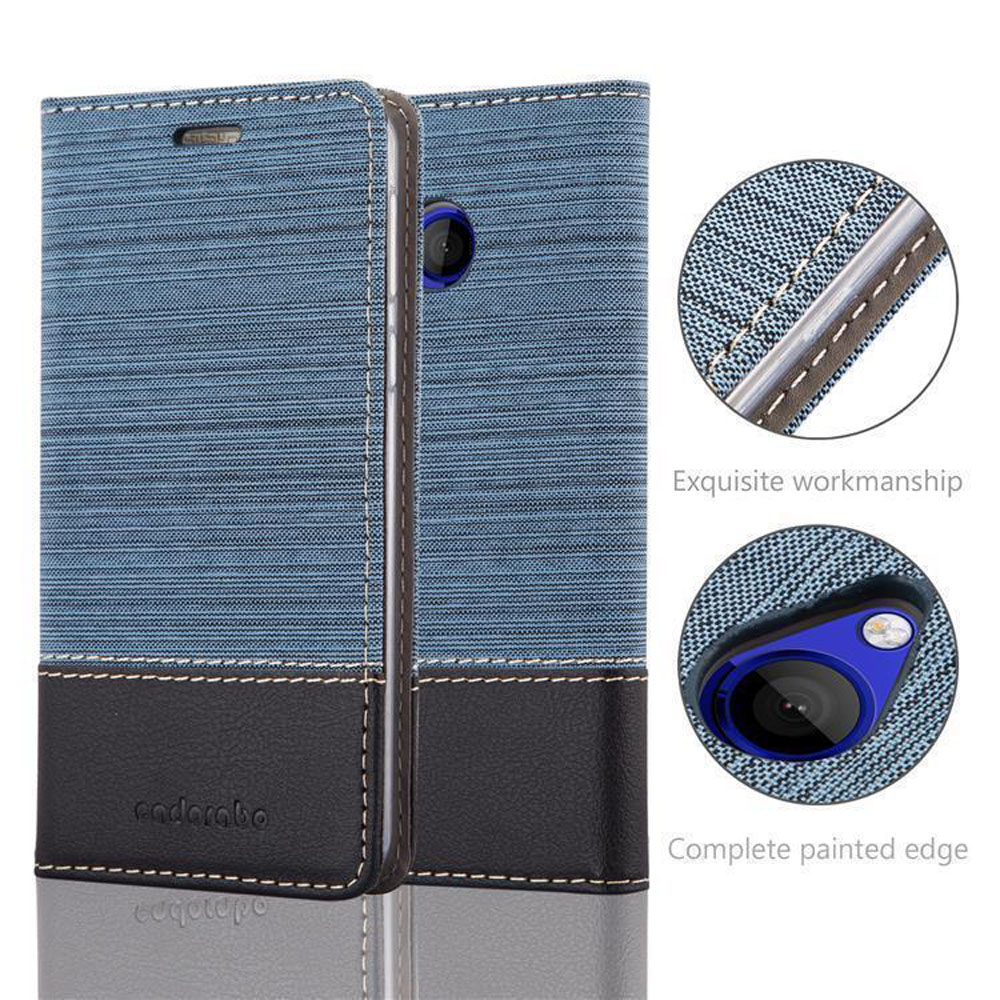 Custodia blu e denim, aperta. Dettagliata lavorazione squisita e bordo verniciato completo.