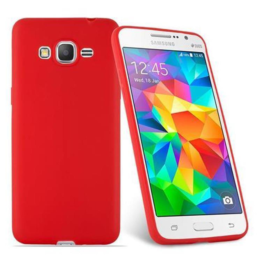 Custodia rossa e smartphone bianco, che mostra schermo colorato.