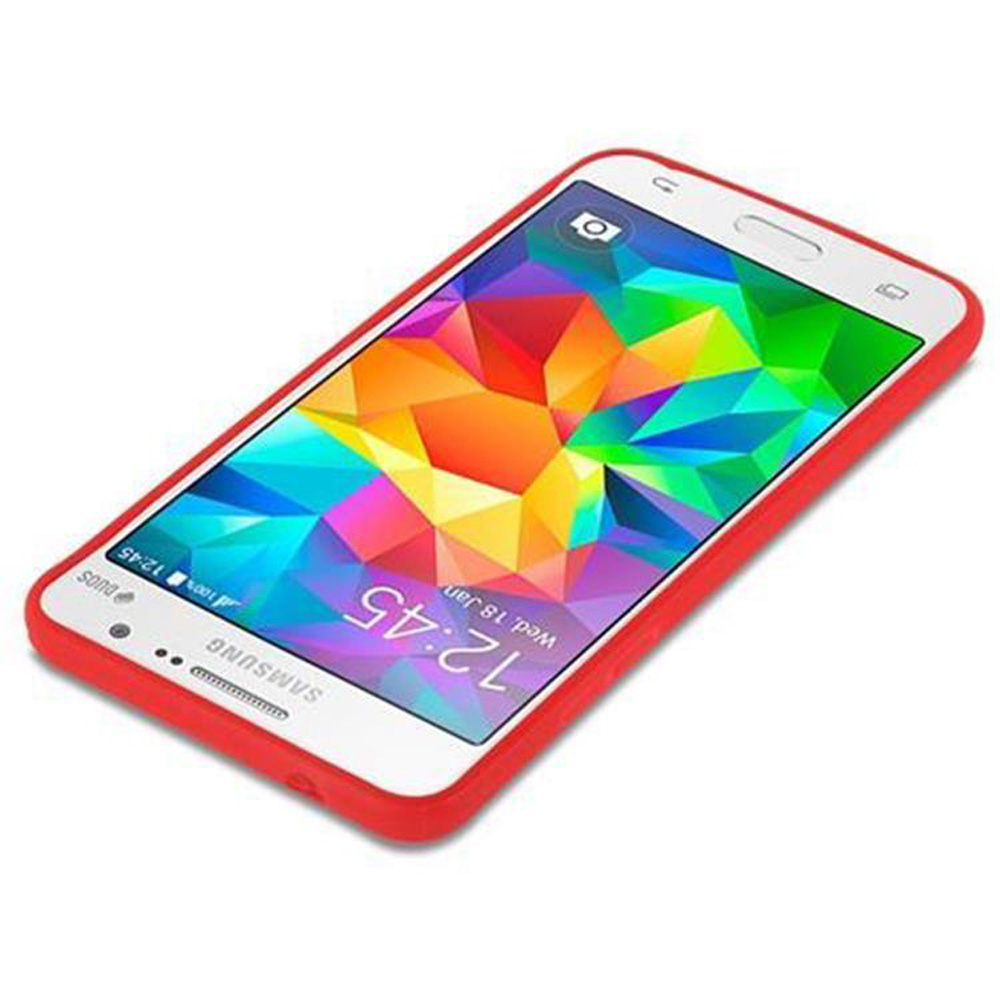 Un telefono in una custodia rossa con uno schermo bianco che mostra un design colorato. Il telefono è angolato.