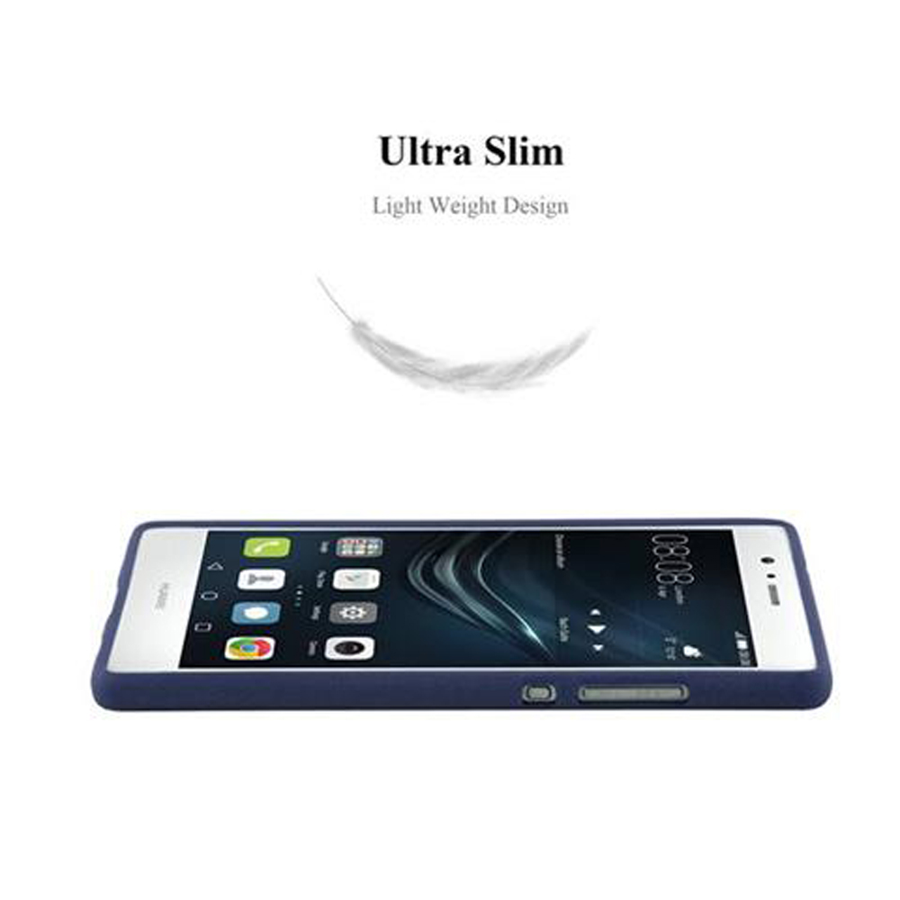 Telefono blu in una custodia con sfondo bianco. Testo: Ultra sottile, design leggero.