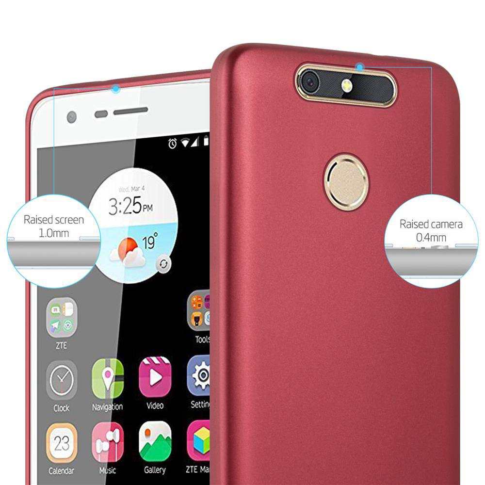 Ein Telefon mit roter Hülle. Die Hülle ist offen. Der Telefonbildschirm zeigt Uhrzeit, Wetter und App-Symbole.