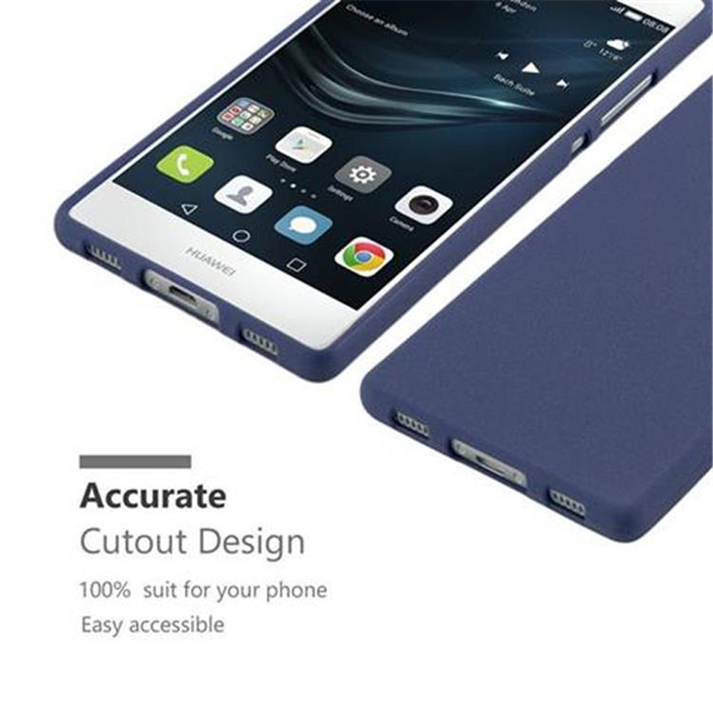 Un telefono in una custodia blu, che mostra una schermata dell'app. Testo: 'Design con ritaglio preciso'.