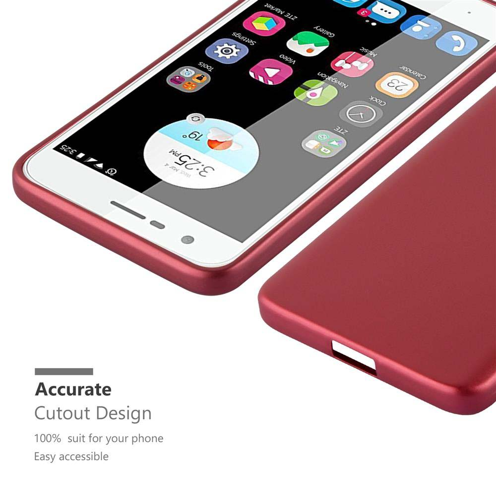 Ein Telefon in einer roten Hülle. Der Bildschirm zeigt Symbole. Es gibt ein präzises Ausschnittdesign.