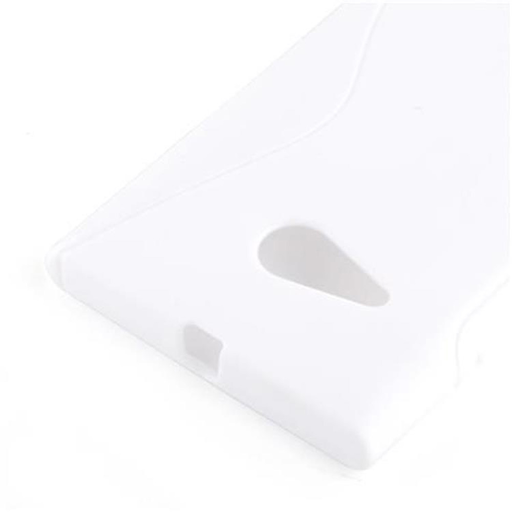 Una custodia bianca per telefono con ritaglio per fotocamera e porta di ricarica. Sfondo bianco.