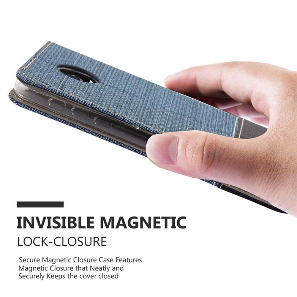 Mano che tiene una custodia blu. Viene mostrato il testo di chiusura magnetica invisibile.