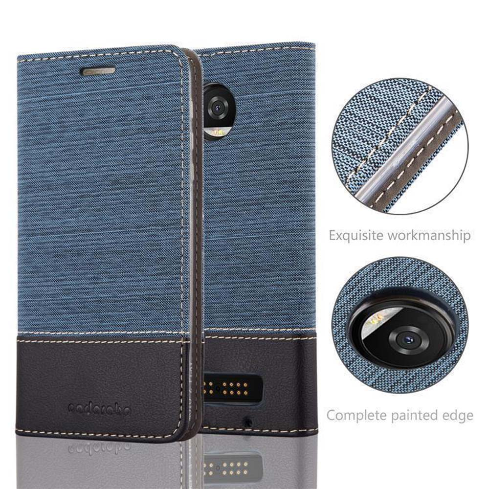 Custodia per telefono blu con sezione inferiore nera. Sono evidenziate le aperture circolari per la fotocamera e il flash.