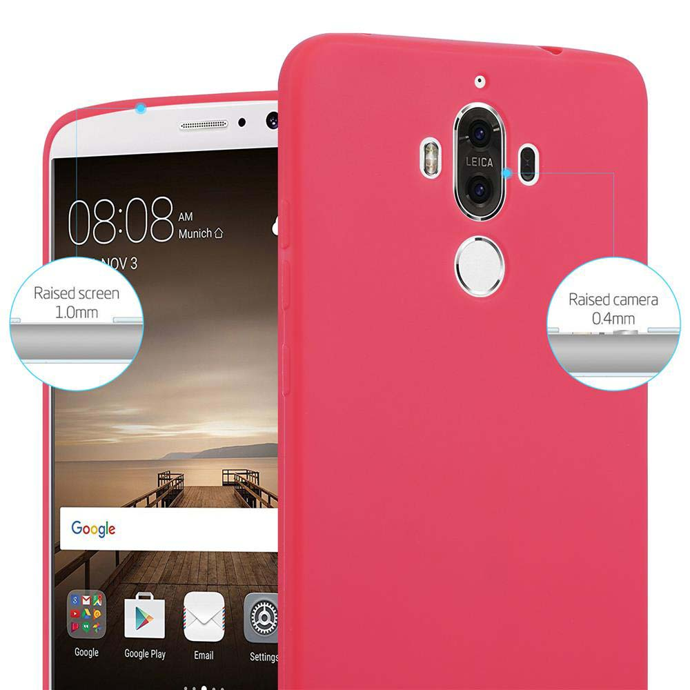 Una custodia rosa copre un telefono. Lo schermo e la fotocamera sono evidenziati. Testo: Schermo rialzato, Fotocamera rialzata.