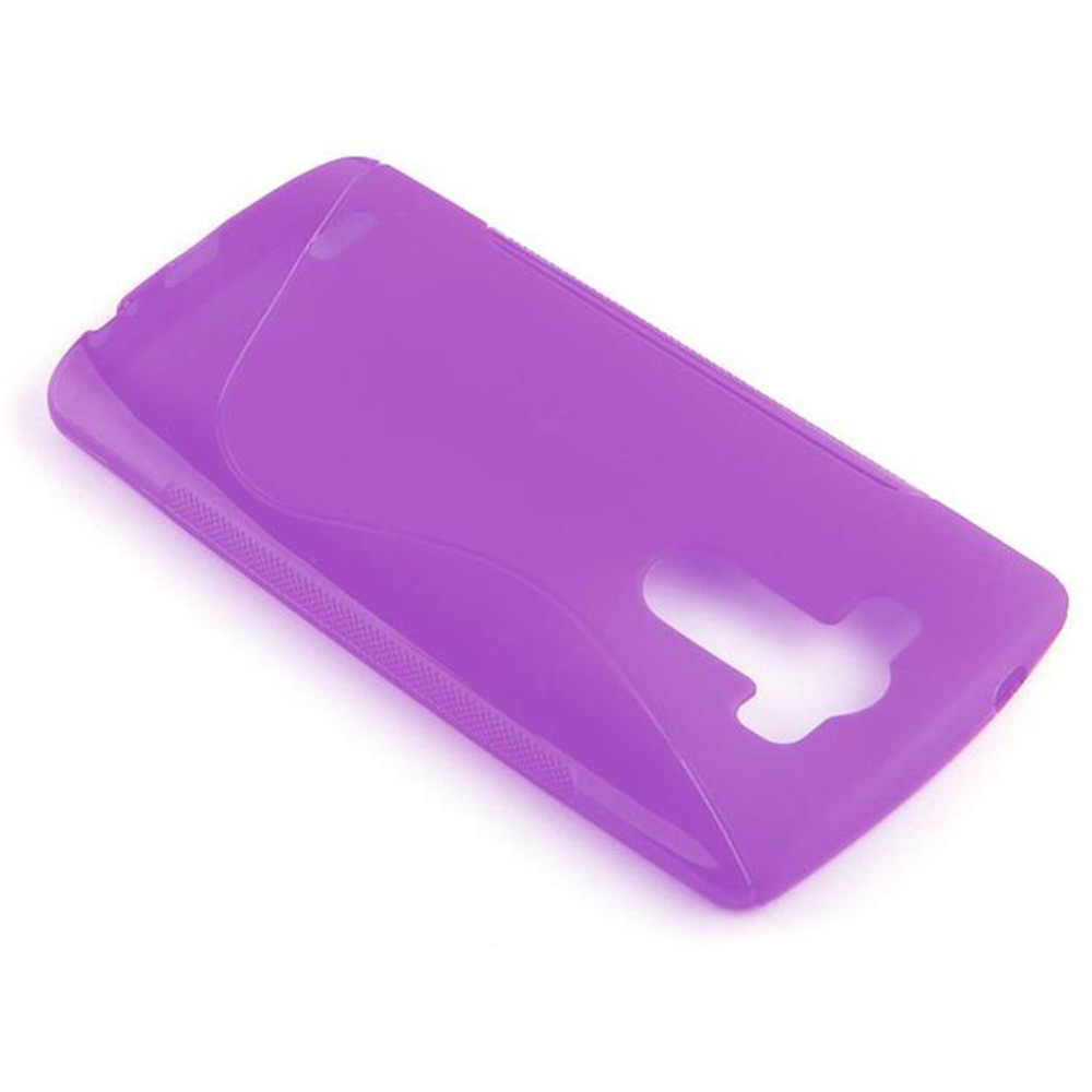 Funda morada para teléfono. La funda cubre la parte trasera del teléfono. Está sobre un fondo blanco.