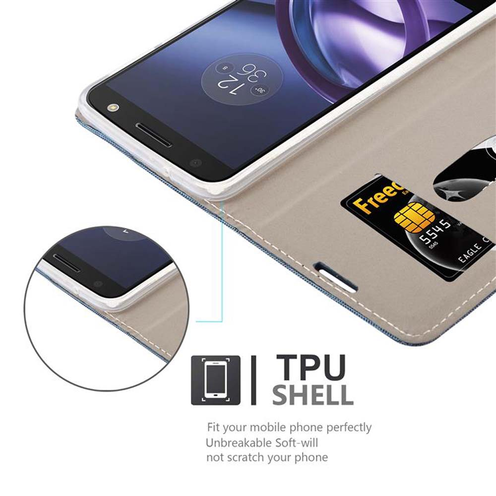 Telefono in una custodia folio. Carta di credito visibile. Testo: Guscio TPU.