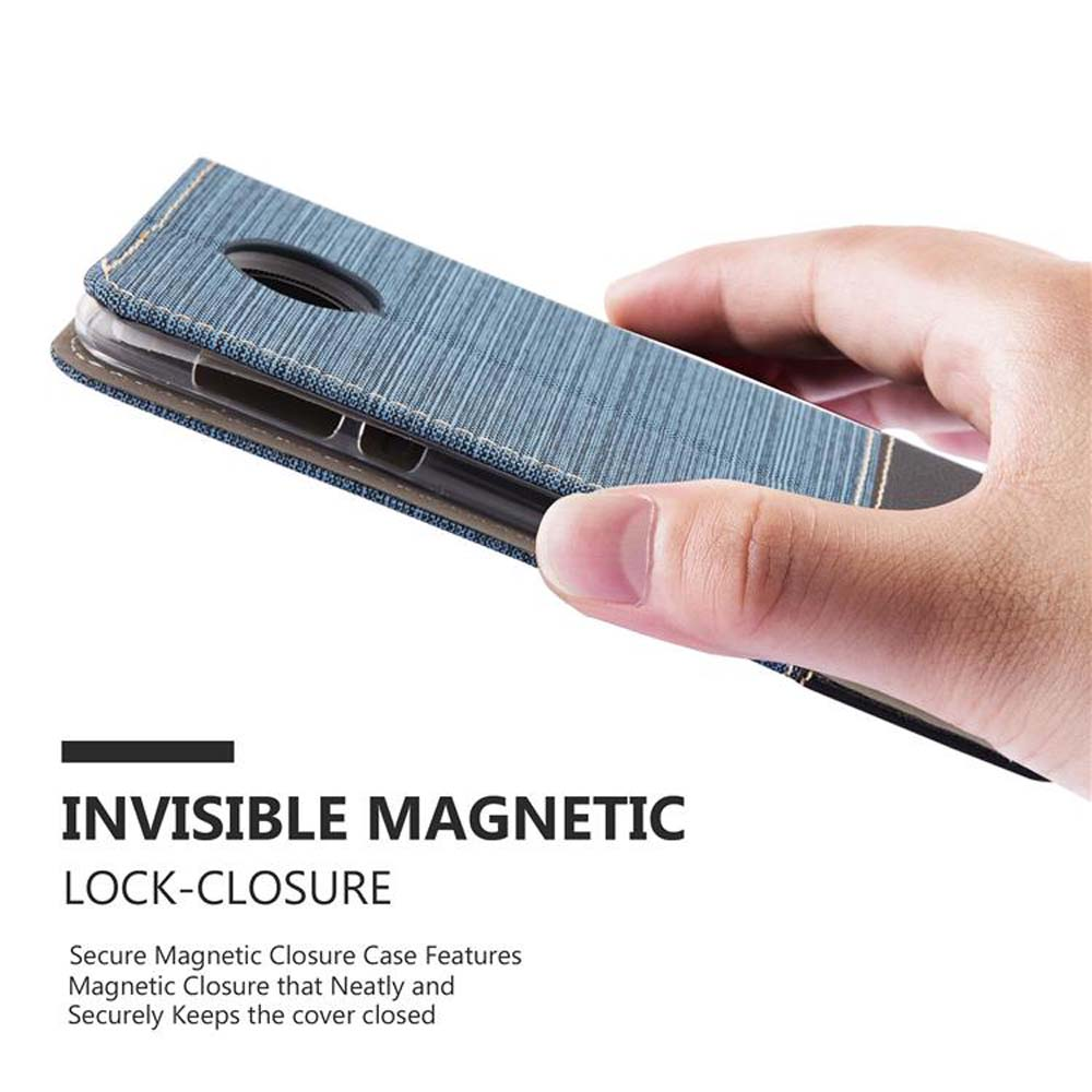Una mano che tiene una custodia per telefono. La custodia è simile al denim con uno slot visibile per la fotocamera.