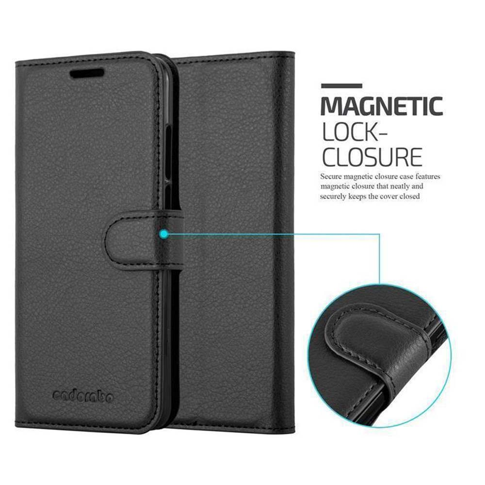 Schwarze Handyhülle mit Magnetverschluss. Text sagt 'Magnetic Lock-Closure'.