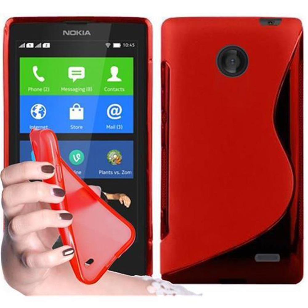 Una custodia rossa per telefono con un telefono dentro e un retro rosso. Una mano tiene un triangolo rosso.