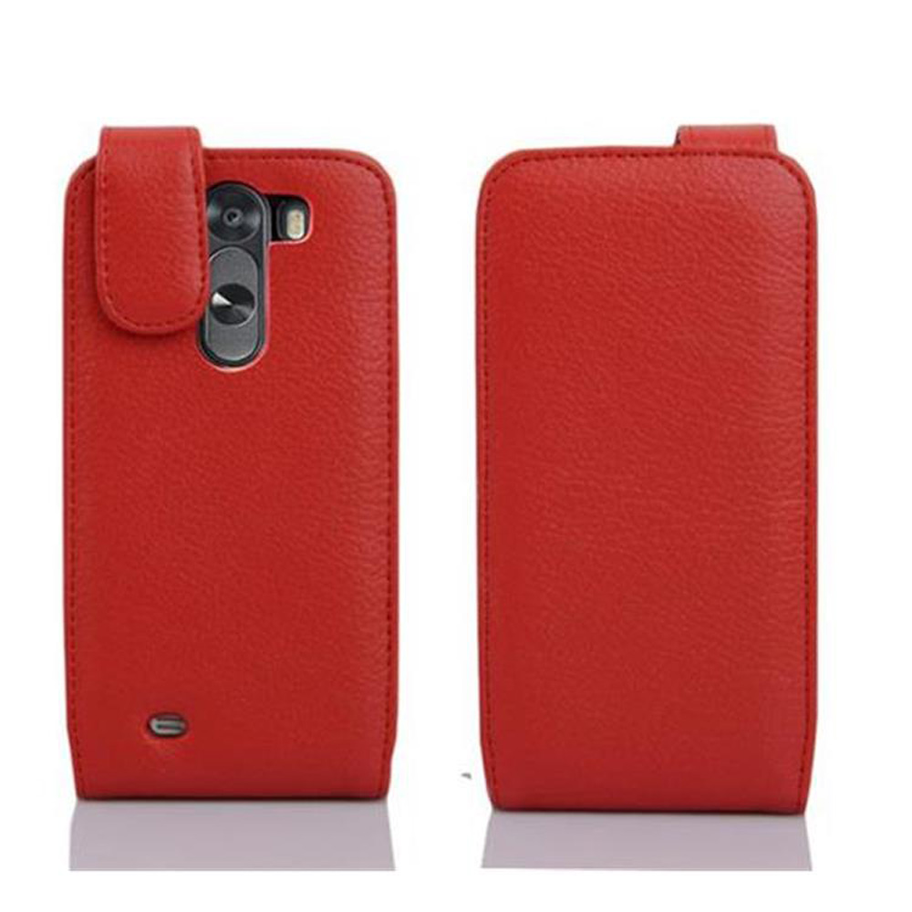 Una custodia in pelle rossa, aperta per mostrare il retro del telefono.