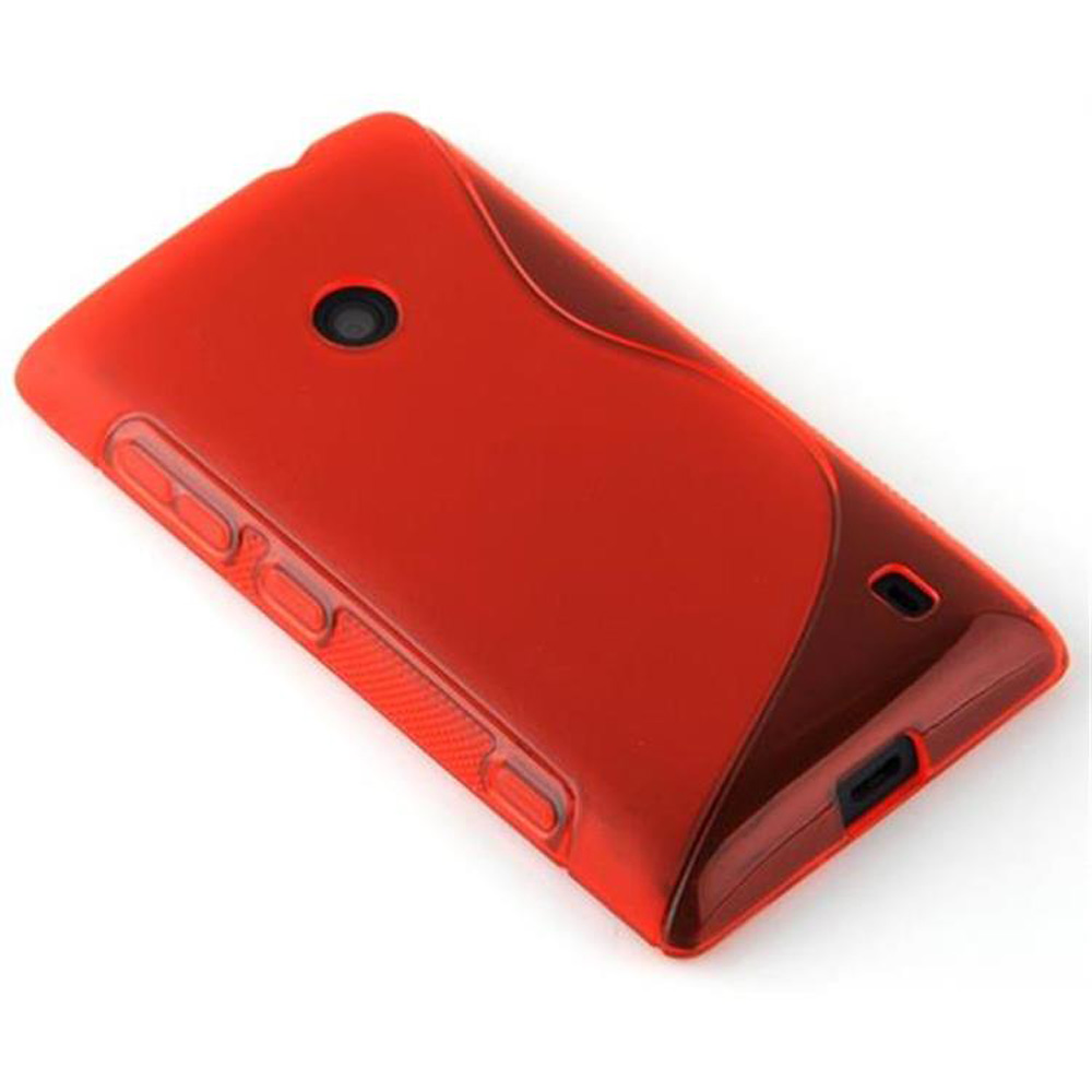 Custodia rossa per telefono con un design curvo. Vista dall'alto del retro della custodia.