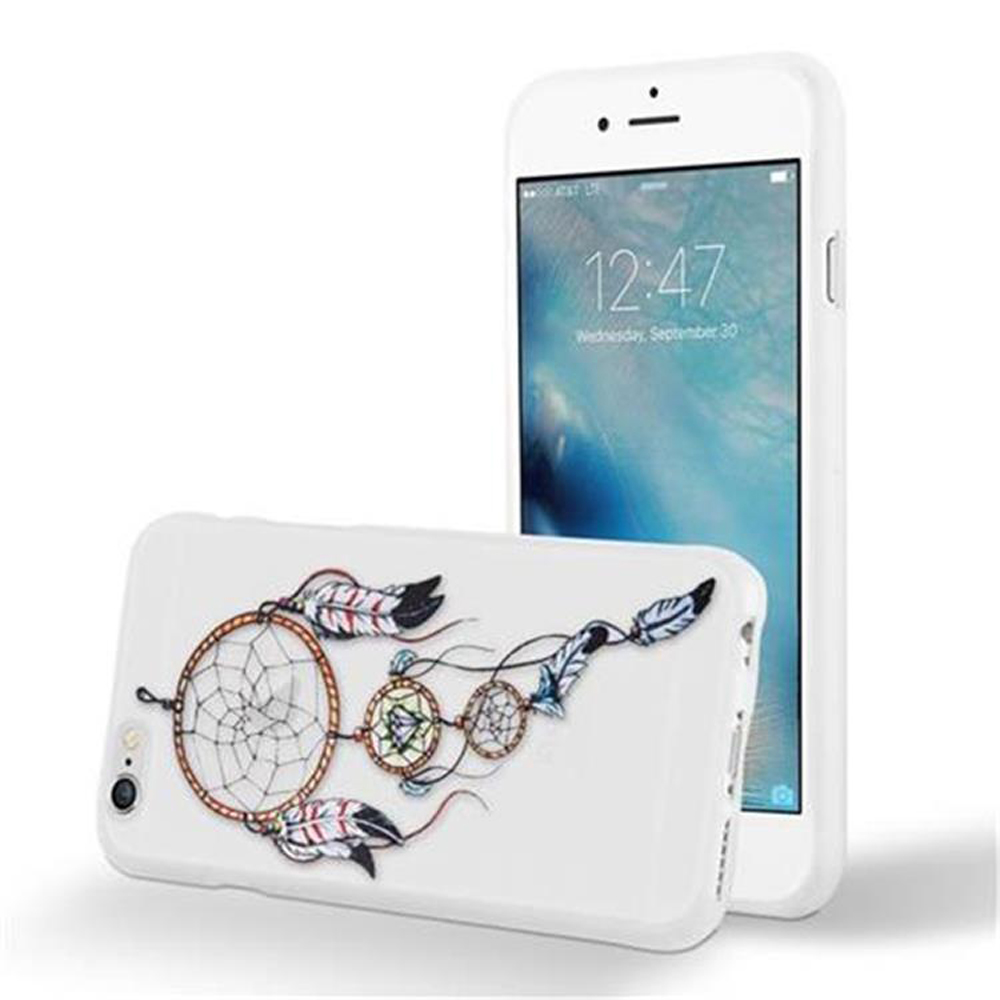 iPhone bianco con custodia bianca, design acchiappasogni. Custodia aperta. Schermo mostra 12:47, 30 settembre.