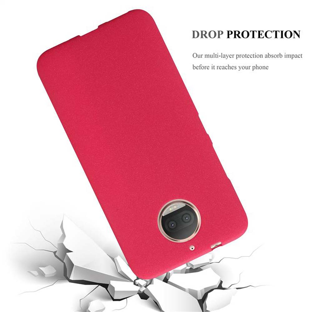 Un telefono in una custodia rossa, che cade, con crepe sulla superficie sottostante, testo: Drop Protection.