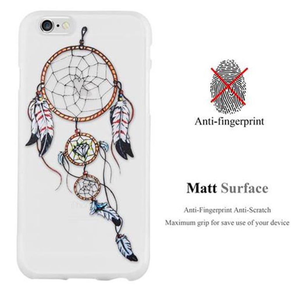 Custodia per telefono bianca con design acchiappasogni, piume e perline. Anti-impronte e superficie opaca.