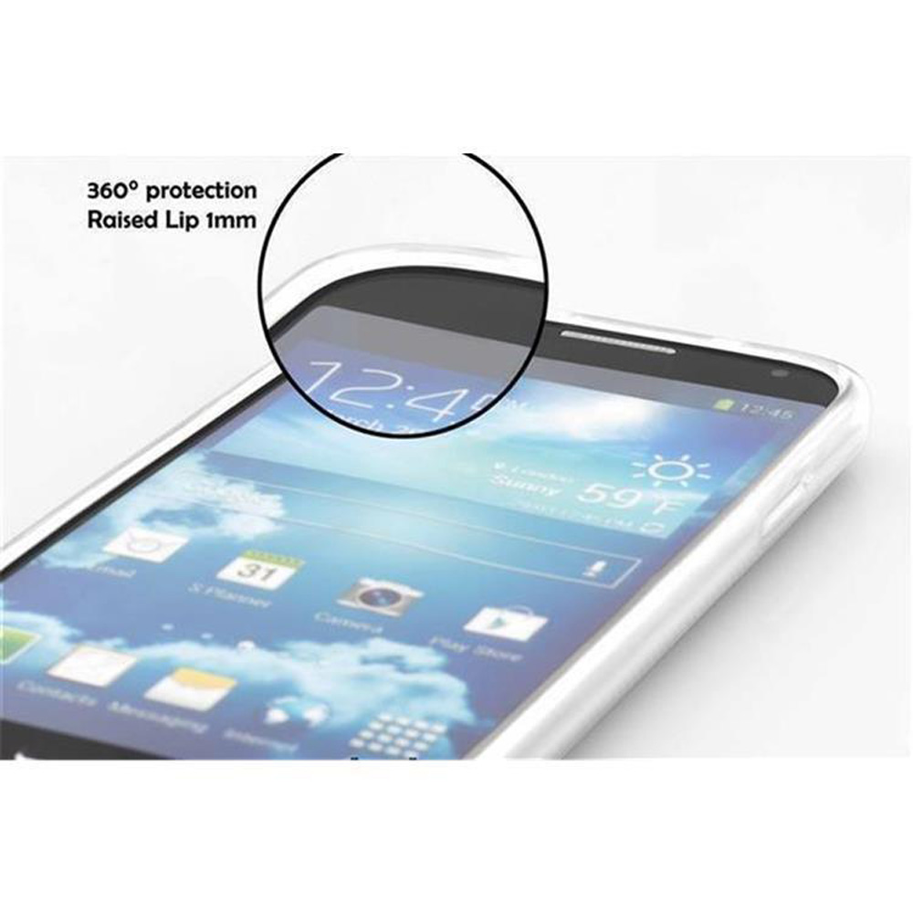 Telefono con protezione schermo. Lo schermo mostra l'ora e il meteo. La protezione ha un bordo rialzato.