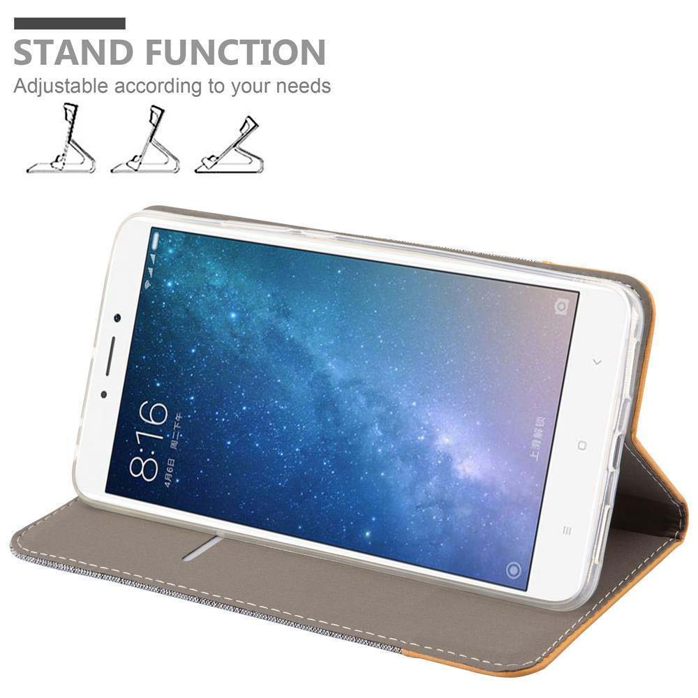 Telefono in una custodia che mostra la funzione stand. Varie posizioni del supporto illustrate e schermo visibile.