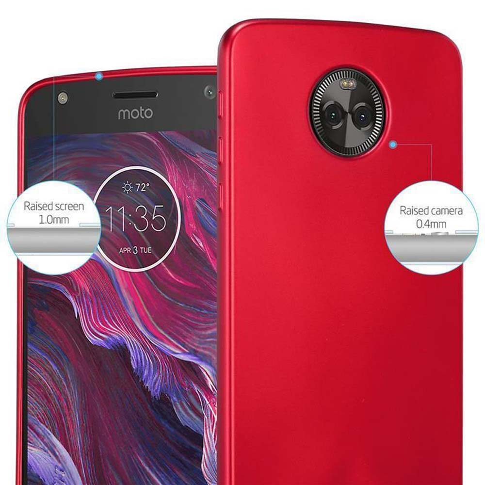 Rotes Telefon mit roter Hülle. Das Display zeigt Zeit und Akku. Text: Erhöhter Bildschirm, Kameraschutz.