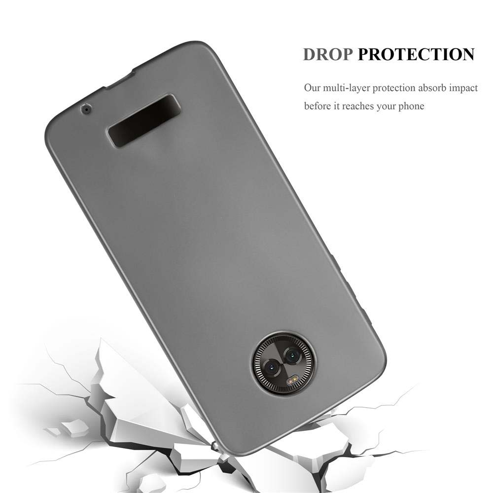 Custodia grigia per telefono con un telefono all'interno. Il testo dice: Drop Protection. Grafica del terreno incrinato.