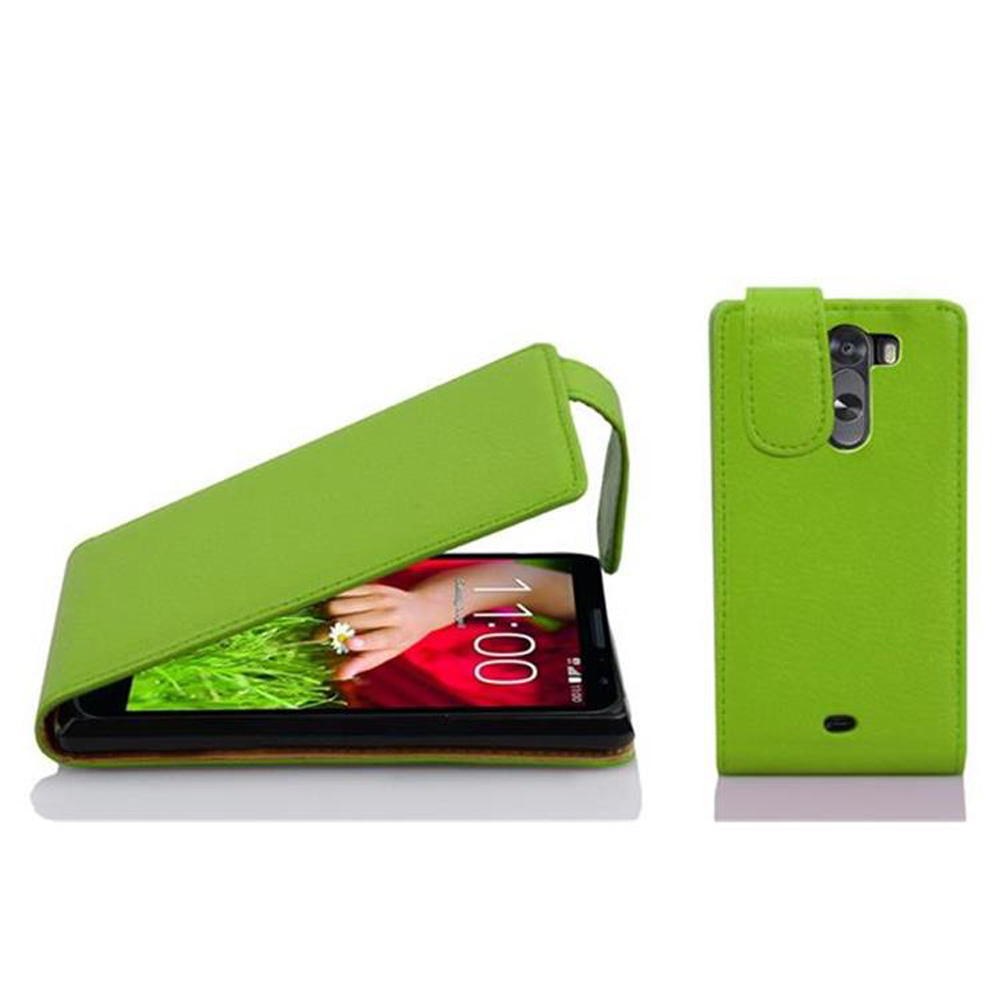 Étui de téléphone vert avec un téléphone à l'intérieur, ouvert.