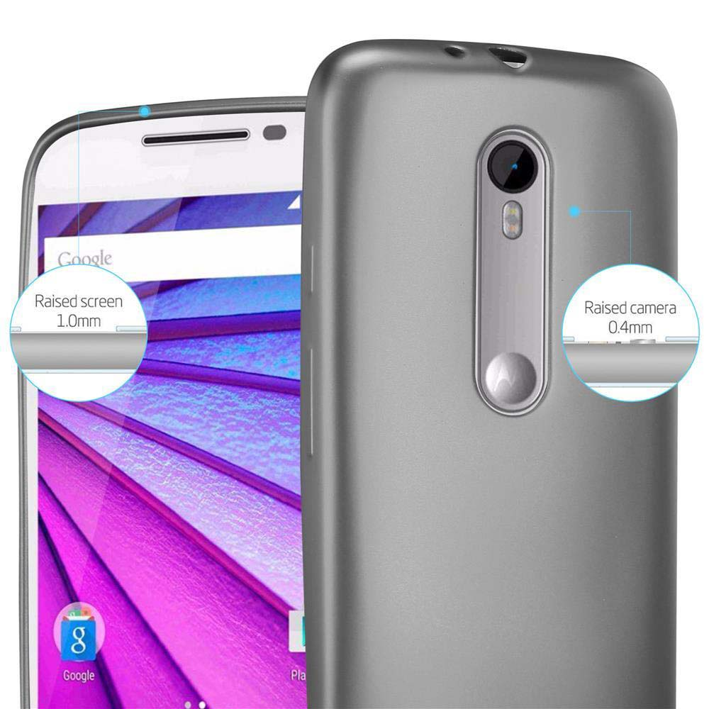Teléfono con detalles de pantalla y cámara. Funda gris para teléfono. Pantalla y cámara resaltadas con etiquetas.