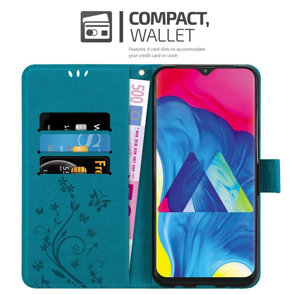 Custodia teal aperta con telefono e fessure per carte. Fiori sulla custodia.