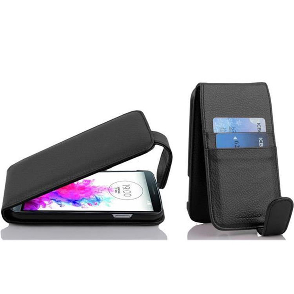 Una custodia per telefono in pelle nera aperta, con un telefono all'interno e un porta carte sulla destra.
