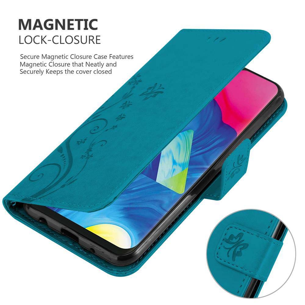 Custodia turchese per telefono, aperta, che mostra il telefono. Ha un design floreale e una chiusura magnetica.