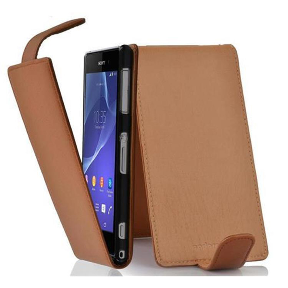Funda de teléfono color canela. El teléfono está abierto. La pantalla del teléfono está encendida. Teléfono negro con iconos coloridos.