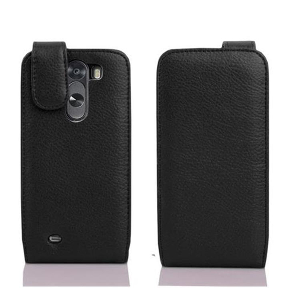 Una custodia per telefono in pelle nera, con il telefono all'interno e una clip per fissare il telefono.