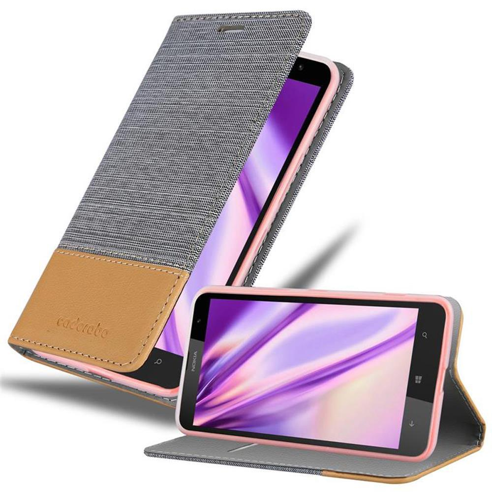 Téléphone dans un étui. L'étui est ouvert avec le téléphone à l'intérieur. L'étui a un matériau gris et marron.