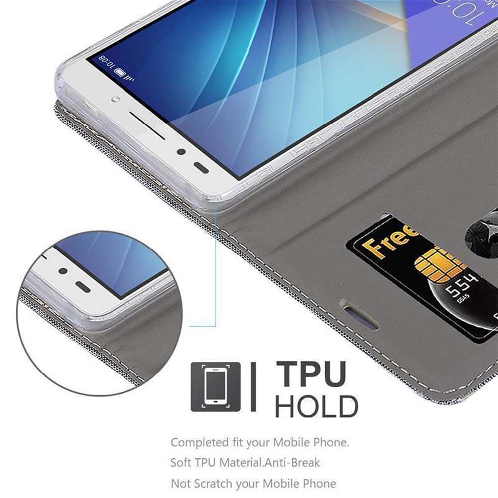 Custodia per telefono con scomparti per carte, telefono visualizzato. Testo: 'TPU HOLD'.