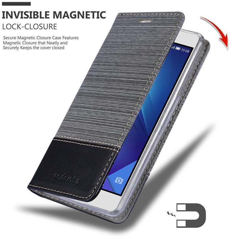 Un telefono in una custodia, con chiusura magnetica. La custodia è grigia e nera.