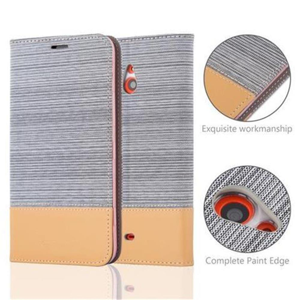 Coque de téléphone grise et beige. Gros plan sur la caméra et les détails.